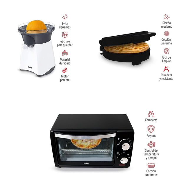 Combo Cocina RCA RC-CC – Horno Eléctrico 9L, Exprimidor de Jugos y Waflera Belga