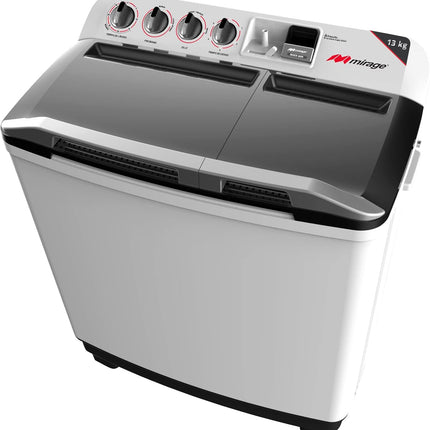 Lavadora Semiautomática Mirage LMS013M | 13 kg | Doble Tina | Bajo Consumo de Agua y Energía | Blanca con Tapa Transparente