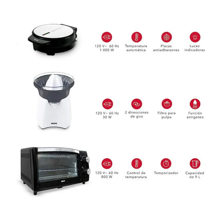 Combo Cocina RCA RC-CC – Horno Eléctrico 9L, Exprimidor de Jugos y Waflera Belga