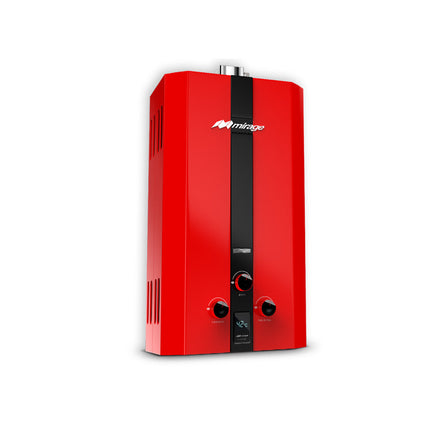 Boiler de Gas LP Mirage FLUX 10L/min | Baja Presión de Agua | Encendido Automático | Instantáneo | Color Rojo | Para 1-2 Servicios