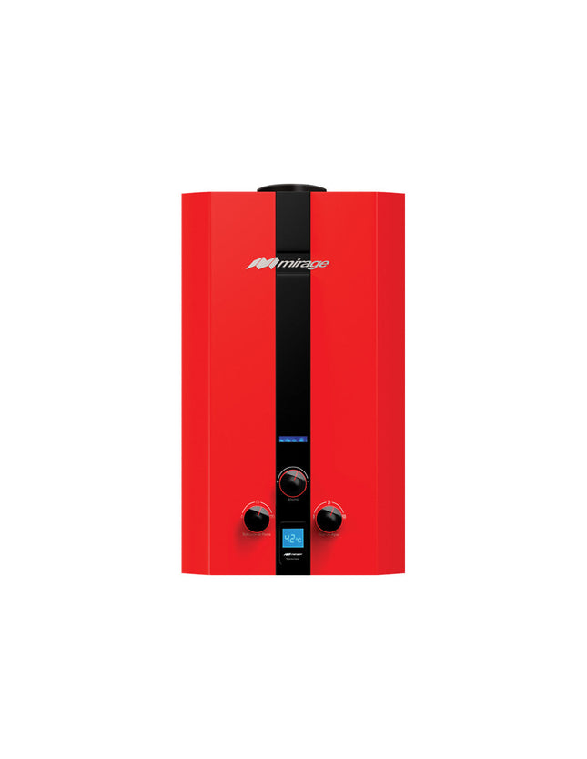 Boiler de Gas LP Mirage FLUX 10L/min | Baja Presión de Agua | Encendido Automático | Instantáneo | Color Rojo | Para 1-2 Servicios