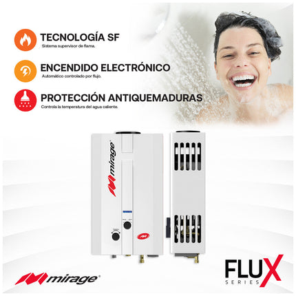 Boiler de Gas LP Mirage FLUX 6L/min Blanco | Cero Presión de Agua | Encendido Automático | Compacto | MBF06ED