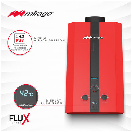 Boiler de Gas LP Mirage FLUX 10L/min | Baja Presión de Agua | Encendido Automático | Instantáneo | Color Rojo | Para 1-2 Servicios