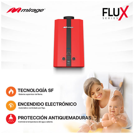 Boiler de Gas LP Mirage FLUX 10L/min | Baja Presión de Agua | Encendido Automático | Instantáneo | Color Rojo | Para 1-2 Servicios