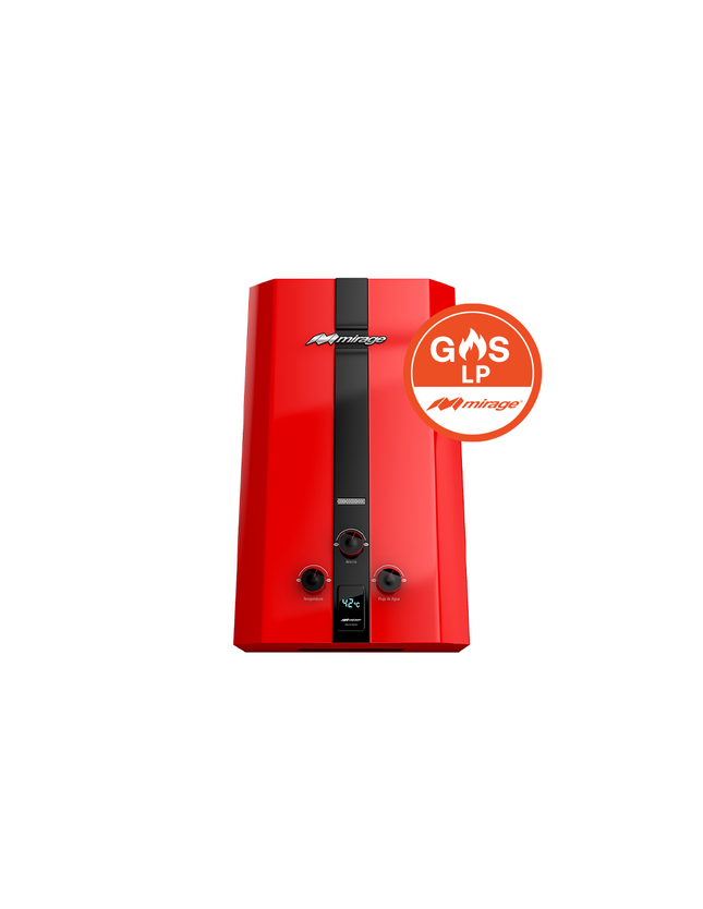 Boiler de Gas LP Mirage FLUX 10L/min | Baja Presión de Agua | Encendido Automático | Instantáneo | Color Rojo | Para 1-2 Servicios