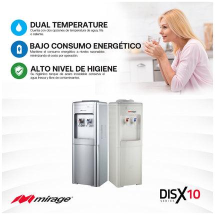 Dispensador de Agua Mirage DISX10 MDD10CS | 3 Temperaturas | Mesa con Garrafón Superior | Color Gris | Compacto 52 cm Alto