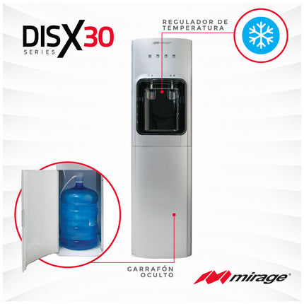 Dispensador de Agua Mirage DISX30 MDD30HC  | 3 Temperaturas | Carga Inferior | Compresor | Acero Inoxidable | 110 cm Alto