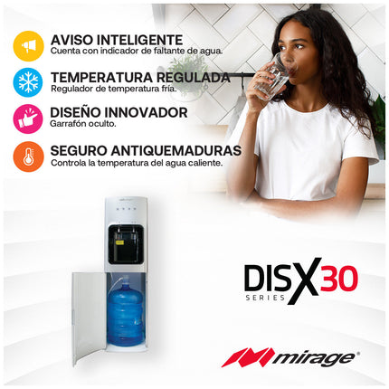 Dispensador de Agua Mirage DISX30 MDD30HC  | 3 Temperaturas | Carga Inferior | Compresor | Acero Inoxidable | 110 cm Alto