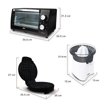 Combo Cocina RCA RC-CC – Horno Eléctrico 9L, Exprimidor de Jugos y Waflera Belga